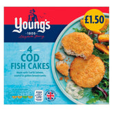 Young’s 4 Cod Fish Cakes (200g) pack, pictured with salad and potatoes. Label price: £1.50. Made with breadcrumb-coated cod and salmon.